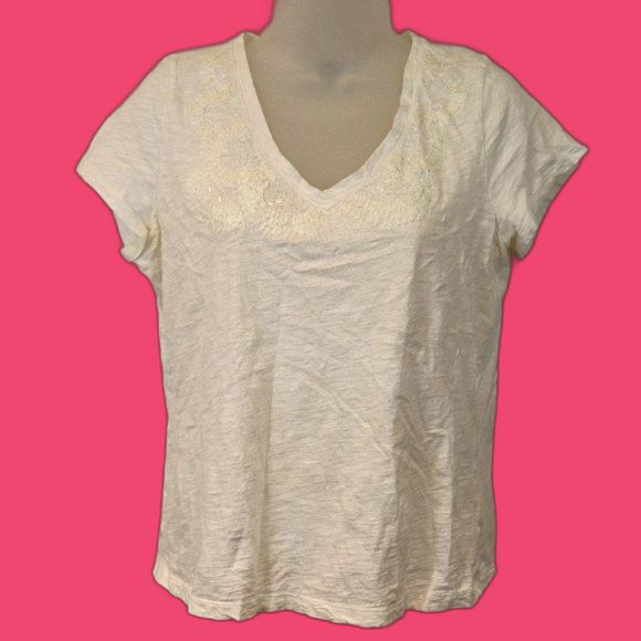 Talbots White Beaded Collar V Neck Cotton Embroidered Tshirt Top L